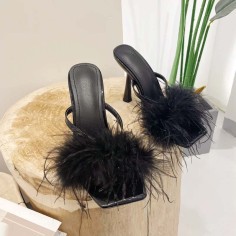 Square Open Toe Fluffy Furry Summer Slides Stiletto Sandals - Black Patent