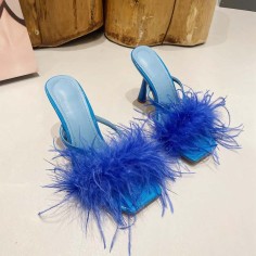 Square Open Toe Fluffy Furry Summer Slides Stiletto Sandals - Blue  Patent