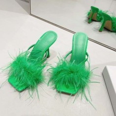 Square Open Toe Fluffy Furry Summer Slides Stiletto Sandals - Green Patent
