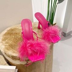 Square Open Toe Fluffy Furry Summer Slides Stiletto Sandals - Rose Patent
