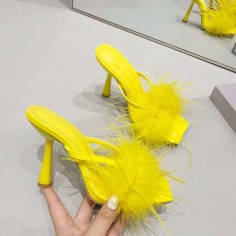 Square Open Toe Fluffy Furry Summer Slides Stiletto Sandals - Yellow Patent