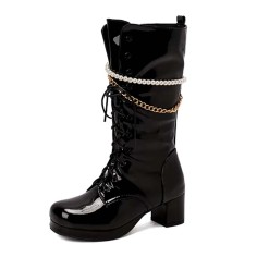 Round Toe Metal Chain String Bead Knee Highs Lace Up Chunky Heels Boots - Black Patent