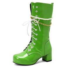 Round Toe Metal Chain String Bead Knee Highs Lace Up Chunky Heels Boots - Green Patent