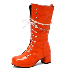Round Toe Metal Chain String Bead Knee Highs Lace Up Chunky Heels Boots - Orange Patent