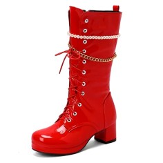 Round Toe Metal Chain String Bead Knee Highs Lace Up Chunky Heels Boots - Red Patent