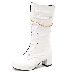 Round Toe Metal Chain String Bead Knee Highs Lace Up Chunky Heels Boots - White  Patent