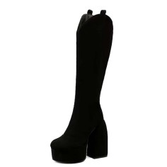Round Toe Chunky Heels Knee Highs Matte Platforms Boots - Black Flock