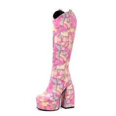 Round Toe Chunky Heels Knee Highs Matte Platforms Boots - Pink Faux Leather