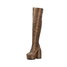 Round Toe Chunky Heels Platforms Over The Knee Snake Print Booties with Side Zipper - Auburn
