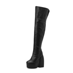 Round Toe Chunky Heels Thigh High Over The Knees Platforms Snake Pattern Boots - Black Faux Leather