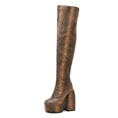 Round Toe Chunky Heels Thigh High Over The Knees Platforms Snake Pattern Boots - Brown Faux Leather