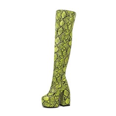 Round Toe Chunky Heels Thigh High Over The Knees Platforms Snake Pattern Boots - Green Faux Leather