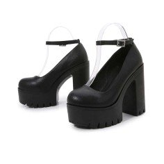 Round Toe Chunky Heels Ankle Buckle Straps Platforms Sandals - Black
