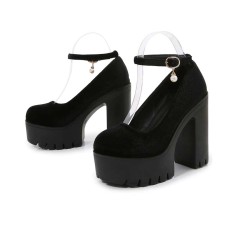 Round Toe Chunky Heels Ankle Buckle Straps Platforms Sandals - Black