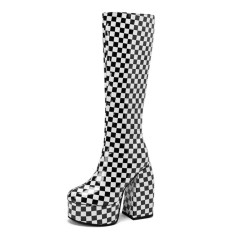 Round Toe Checkerboard Plaid Pattern Chunky Heels Knee Highs Platforms Boots - White Black Patent
