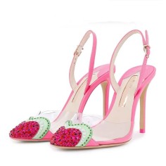 Stiletto Heels Pointed Toe Fruit Heart Colorful Slingback Straps Pumps Sandals - Pink