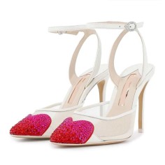 Stiletto Heels Pointed Toe Heart Colorful Ankle Buckle Straps Pumps Sandals - Red