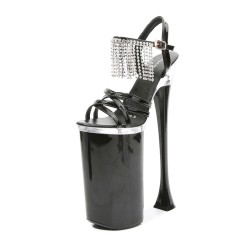 Peep Crosstied Toe Strange Slim Pointed Ultra Heels Ankle Buckle Straps Rhinestones Tassels Pumps - Black