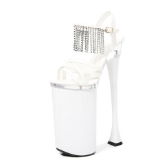 Peep Crosstied Toe Strange Slim Pointed Ultra Heels Ankle Buckle Straps Rhinestones Tassels Pumps - White