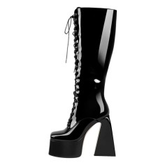 Square Toe Chunky Heels Side Zipper Platforms Knee Highs  Lace Up Boots - Black Patent