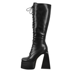 Square Toe Chunky Heels Side Zipper Platforms Knee Highs  Lace Up Boots - Black Faux Leather