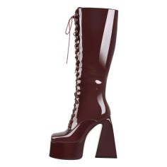 Square Toe Chunky Heels Side Zipper Platforms Knee Highs  Lace Up Boots - Burgundy Patent