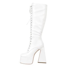 Square Toe Chunky Heels Side Zipper Platforms Knee Highs  Lace Up Boots - White Patent