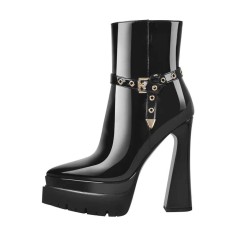 Pointed Toe Ankle High Side Zipper Double Platforms Chunky Heels Booties - Black Patent