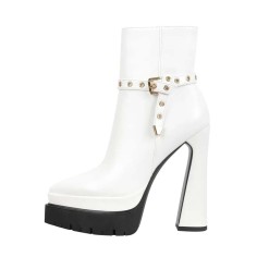 Pointed Toe Ankle High Side Zipper Double Platforms Chunky Heels Booties - White Faux Leather