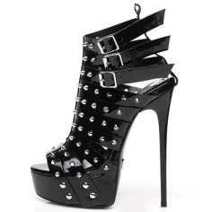 Peep Toe Gladiators Ankle Buckle Straps Stiletto Heels Platforms Rivets Pumps - Black