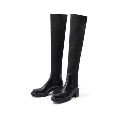 Round Toe Autumn Thigh High Socks Chelsea Boots - Black