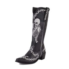 Pointed Toe Chunky Heels Embroidered Skull Pattern Knee Highs Slip On Cowboy Boots - Black Faux Leather