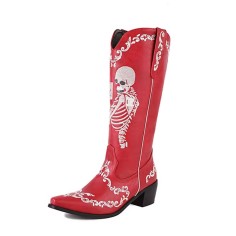 Pointed Toe Chunky Heels Embroidered Skull Pattern Knee Highs Slip On Cowboy Boots - Red Faux Leather