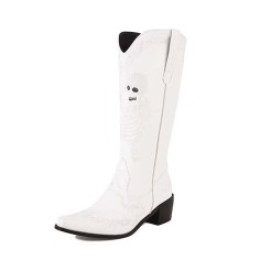 Pointed Toe Chunky Heels Embroidered Skull Pattern Knee Highs Slip On Cowboy Boots - White Faux Leather