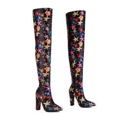 Pointed Toe Starfish Print Chunky Heels Over the Knee Boots - Black