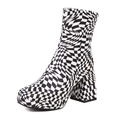 Square Toe Checkerboard Plaid Pattern Chunky Heels Ankle Highs Boots - Black Faux Leather