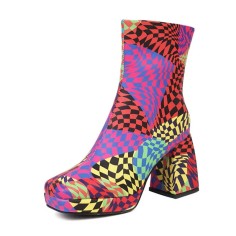 Square Toe Checkerboard Plaid Pattern Chunky Heels Ankle Highs Boots - Multicolor Faux Leather