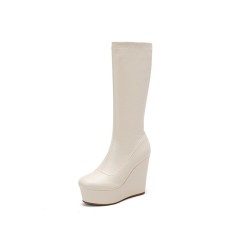 Round Toe Wedges Heels Platforms Knee Highs Booties with Side Zipper - Beige