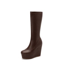 Round Toe Wedges Heels Platforms Knee Highs Booties with Side Zipper - Brown