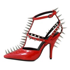 Pointed Toe Rivet Decorated Punk Rock Patent T Straps Pumps - Red