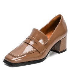 Square Toe Chunky Heels Loafer British College Style Pumps - Apricot