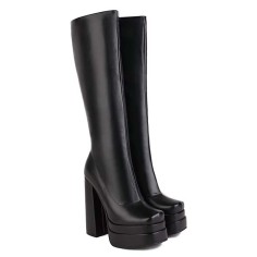 Square Toe Chunky Heels Knee Highs Side Zipper Double Platforms Boots - Black Faux Leather