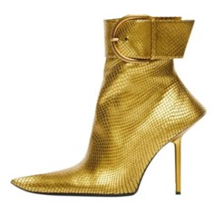 Pointed Toe Stiletto Heels Ankle Belt Buckle Straps Ankle High Boots - Gold
