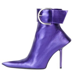 Pointed Toe Stiletto Heels Ankle Belt Buckle Straps Ankle High Boots - Purple