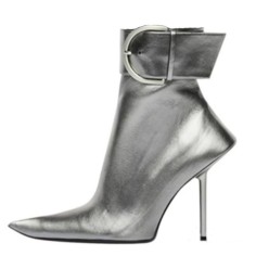 Pointed Toe Stiletto Heels Ankle Belt Buckle Straps Ankle High Boots - Silver