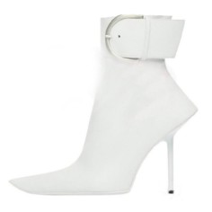 Pointed Toe Stiletto Heels Ankle Belt Buckle Straps Ankle High Boots - White