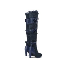Cuban Heels Round Toe Over the Knee Bow Decorated Lace Up Boots - Blue