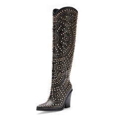 Pointed Toe Chunky Heels Rhinestones Cowboy Western Knee Highs Boots - Black