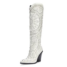 Pointed Toe Chunky Heels Rhinestones Cowboy Western Knee Highs Boots - White
