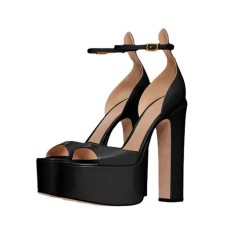 Peep Toe Ankle Buckle Straps Dorsay Chunky Block Heels Platforms Sandals - Black Patent